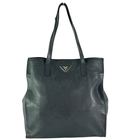 PRADA Authentic Front Logo Black Leather Saffiano Tote Bag Made in Italy